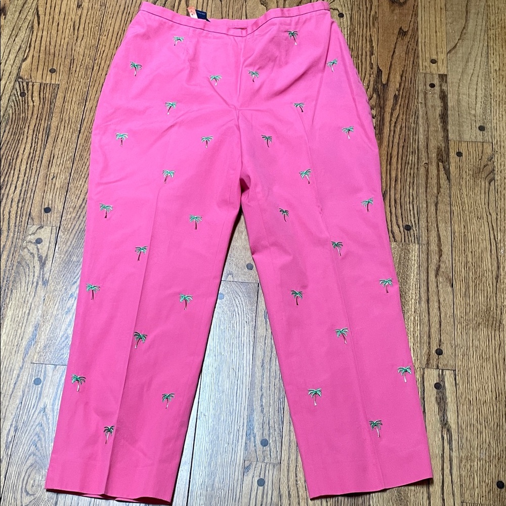 Brooks Brothers sz 12 lined Pink Cropped Pants Palm Tree Embroidery 100% Cotton